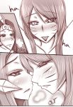  2girls ahri blush breath collarbone embarrassed highres incipient_kiss kiss league_of_legends leona_(league_of_legends) long_hair looking_at_another monochrome multiple_girls nose_blush off_shoulder sepia slit_pupils tongue tongue_out tsugumi_(artist) yuri 