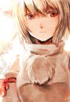  1girl animal_ears detached_sleeves expressionless inubashiri_momiji long_sleeves looking_at_viewer michimaru_(michi) pom_pom_(clothes) portrait red_eyes shirt short_hair simple_background solo string touhou turtleneck white_background white_hair wolf_ears 