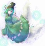  1girl breasts ghost_tail green_eyes green_hair hat looking_at_viewer pointing pointing_up short_hair signature sleeves_past_wrists soga_no_tojiko solo tate_eboshi touhou white_background yuxyon 