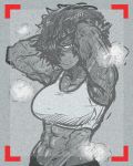  1girl arms_up blush breasts dark_skin glasses hair_over_one_eye hands_in_hair large_breasts messy_hair midriff monochrome muscle navel original semi-rimless_glasses short_hair smell solo sports_bra sweat tenk under-rim_glasses viewfinder 