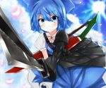  1girl advent_cirno armor asymmetrical_clothes blue_dress blue_eyes blue_hair blue_sky cirno clouds commentary_request dress grin looking_at_viewer petals puffy_short_sleeves puffy_sleeves rok_(guitar0706) shirt short_sleeves single_glove sky smile solo sun sword touhou weapon 