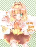  1girl bangs blonde_hair blunt_bangs blush bow cake curly_hair dress_shirt food gochuumon_wa_usagi_desuka? green_eyes hair_bow hair_ribbon happy_birthday highres kirima_sharo long_sleeves looking_at_viewer miniskirt one_eye_closed open_mouth plate pointing puffy_long_sleeves puffy_sleeves ribbon shirt short_hair skirt solo striped striped_background thigh-highs traditional_media waitress white_legwear 