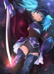  1girl armor blue_eyes blue_hair breastplate cape frilled_skirt frills greaves nanjin open_mouth original shield skirt solo sword thigh-highs twintails visor_(armor) warrior weapon zettai_ryouiki 