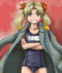  1girl balalaika_(black_lagoon) blue_eyes crossed_arms flat_chest grin gunbuster_pose hair_ribbon jacket_on_shoulders long_coat long_hair military mimiyama_kiichi mole one-piece_swimsuit parody ribbon school_swimsuit smile solo swimsuit top_wo_nerae! twintails younger 