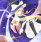  1girl apron blonde_hair bloomers boots bow braid broom broom_riding cross-laced_footwear gloves glowing grin hair_bow hat hat_ribbon highres kirisame_marisa knee_boots light_trail long_hair mini-hakkero over-kneehighs puffy_short_sleeves puffy_sleeves ribbon shirua_(s4-42424) short_sleeves single_braid skirt skirt_set sky smile solo star star_(sky) starry_sky striped striped_legwear thigh-highs touhou underwear waist_apron witch_hat yellow_eyes 