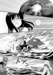  3girls :o bangs blunt_bangs comic dodging hatsuyuki_(kantai_collection) kantai_collection long_hair low_twintails machinery monochrome multiple_girls ni-class_destroyer partially_submerged shimazaki_kazumi shinkaisei-kan shirayuki_(kantai_collection) translation_request twintails 