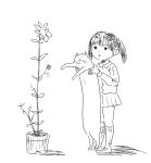  1girl cat flower higashi holding_animal kneehighs monochrome short_hair short_twintails simple_background sketch sunflower twintails white_background 