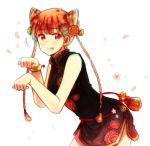  1girl :d animal_ears arched_back bell blush bracelet braid cat_ears cat_tail china_dress chinese_clothes colorful dress fang floral_print flower hair_flower hair_ornament jewelry jingle_bell leaning leaning_forward motion_lines open_mouth orange_hair original paw_pose petals red_eyes rosel-d short_hair simple_background smile solo tail white_background 