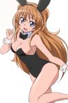  1girl :d animal_ears bare_shoulders blue_eyes bowtie breasts brown_hair bunnysuit cleavage covered_navel detached_collar fake_animal_ears houjou_hibiki leotard long_hair manji_(tenketsu) open_mouth precure rabbit_ears shiny shiny_skin smile solo suite_precure very_long_hair wrist_cuffs 