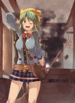  1girl atelier_(series) atelier_shallie bag belt breasts green_eyes green_hair hat hat_with_ears ibuki_notsu large_breasts one_eye_closed open_mouth pot shallotte_elminus shirt shoulder_bag skirt smoke solo 