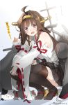  ahoge bare_shoulders brown_hair cannon cat detached_sleeves headgear kantai_collection kongou_(kantai_collection) long_hair nontraditional_miko slaughter_z squatting sweat twitter_username 