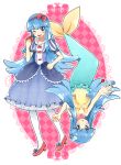  2girls ako_(pixiv1850596) apple argyle argyle_background blue_dress blue_eyes blue_hair bow cosplay disney dress dual_persona food fruit gem hair_bow hair_ornament hairband hairpin happinesscharge_precure! long_hair mermaid monster_girl multiple_girls namesake one_eye_closed payot pink_background precure puffy_sleeves seashell shell shirayuki_hime shoes smile snow_white snow_white_(cosplay) snow_white_and_the_seven_dwarfs the_little_mermaid the_little_mermaid_(cosplay) trait_connection upside-down white_legwear 
