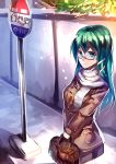  1girl alternate_costume bag bespectacled breasts bus_stop casual frog_button glasses green_hair hair_ornament highres jacket kochiya_sanae large_breasts long_hair long_sleeves red-framed_glasses scarf skirt snake_hair_ornament solo touhou uu_uu_zan v_arms wall 
