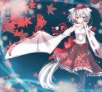  1girl animal_ears autumn_leaves bare_shoulders black_legwear blush breasts detached_sleeves geta hat inubashiri_momiji leaf open_mouth pom_pom_(clothes) red_eyes short_hair silver_hair solo suzuchiyan tail tokin_hat touhou wolf_ears wolf_tail 