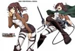  1girl boots brown_hair cape collage copyright_name dual_wielding foreshortening open_mouth pokimari potato sasha_braus shingeki_no_kyojin short_hair short_ponytail solo sword thigh_strap three-dimensional_maneuver_gear uniform weapon white_background 