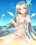  1girl alternate_costume alternate_eye_color alternate_hairstyle arm_support beach bikini breasts cleavage collarbone flower flower_on_head hair_down long_hair looking_at_viewer ocean off_shoulder open_mouth outdoors silver_hair sitting sky solo strap_slip swimsuit touhou very_long_hair wariza water white_bikini white_swimsuit xe-cox yagokoro_eirin yellow_eyes 