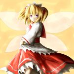  1girl ao-shiba blonde_hair bow dress dress_lift fairy_wings hair_bow headdress solo sunny_milk touhou twintails violet_eyes wings 