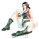  1girl absurdres amakara_neko armpit_holster bare_shoulders belt black_lagoon boots breasts brown_eyes brown_hair cigarette combat_boots cross-laced_footwear denim denim_shorts grin highres holster lace-up_boots long_hair looking_at_viewer midriff ponytail revy_(black_lagoon) short_shorts shorts sitting smile smoking solo spread_legs tank_top thighs toned white_background 