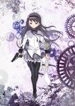  1girl akemi_homura beretta_92 black_hair gears gun hairband handgun highres kyubey long_hair looking_at_viewer magical_girl mahou_shoujo_madoka_magica pantyhose shield trigger_discipline violet_eyes waking weapon 