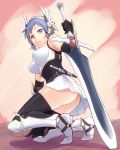  1girl arm_support artist_name ass black_gloves black_legwear blue_eyes blue_hair breastplate breasts elbow_gloves frown gauntlets gloves greaves hairband korisei looking_back no_panties o-ring original planted_sword planted_weapon scabbard sheath short_hair signature skirt solo squatting sword thigh-highs weapon 