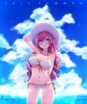  1girl 2014 bemani bikini breasts cleavage clouds hand_on_headwear hat large_breasts long_hair looking_at_viewer maru_(sw1tch) navel ocean pink_eyes pink_hair rasis side-tie_bikini sky sound_voltex sparkle summer sun_hat swimsuit water white_bikini white_swimsuit 