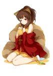  1girl animal_ears brown_hair kange shikihime_zoushi simple_background sitting solo white_background 