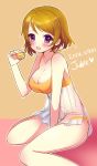  1girl arm_support artist_name between_legs blush breasts brown_hair chemise dated food food_on_body food_on_face juke koizumi_hanayo love_live!_school_idol_project macaron open_mouth short_hair sitting solo violet_eyes 