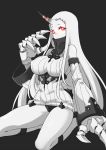  1girl albino black_background breasts claws detached_sleeves glowing horns kantai_collection long_hair pale_skin red_eyes ribbed_sweater seaport_hime shinkaisei-kan sitting solo sweater wariza yukko0930 