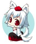  1girl animal_ears bare_shoulders bone chibi detached_sleeves hat holding inubashiri_momiji looking_at_viewer looking_back nekokichi pom_pom_(clothes) red_eyes short_hair silver_hair simple_background sitting solo tail tail_wagging tokin_hat touhou white_background wolf_ears wolf_tail 