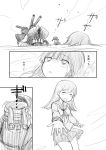  3girls :d ^_^ bangs blunt_bangs bruise closed_eyes comic ho-class_light_cruiser injury kantai_collection kitakami_(kantai_collection) long_hair long_sleeves monochrome multiple_girls neckerchief ooi_(kantai_collection) open_mouth outside_border partially_submerged pleated_skirt ponytail sailor_collar school_uniform serafuku shimazaki_kazumi shinkaisei-kan sinking skirt smile tears translated wo-class_aircraft_carrier 