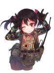  1girl \m/ arms_up black_hair blush camouflage double_\m/ flak_jacket love_live!_school_idol_project nightmaremk2 one_eye_closed red_eyes short_hair short_twintails solo twintails walkie-talkie white_background yazawa_nico 
