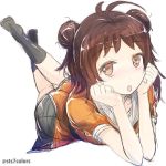  1girl ahoge brown_eyes brown_hair double_bun head_rest kantai_collection looking_at_viewer lying naka_(kantai_collection) no_shoes on_stomach orange_eyes short_hair simple_background skirt socks solo stmeka twitter_username white_background 