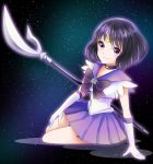  1girl bishoujo_senshi_sailor_moon black_hair bow brooch choker elbow_gloves gloves jewelry piyo_(piyona) pleated_skirt purple_skirt ribbon sailor_collar sailor_saturn short_hair silence_glaive skirt smile solo tiara tomoe_hotaru violet_eyes white_gloves 