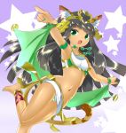  1girl animal_ears anklet armlet armpits bandeau bare_shoulders barefoot bastet_(p&amp;d) black_hair bra-cky bracer cat_ears cat_tail collarbone dark_skin egyptian egyptian_clothes fingernails green_eyes green_nails jewelry leg_up long_hair midriff miniskirt mound_of_venus nail_polish navel necklace open_mouth panties pantyshot pantyshot_(standing) pointing purple_background puzzle_&amp;_dragons skirt solo standing star striped striped_panties tail tiara toenail_polish toenails underwear white_skirt 