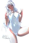  1girl blue_eyes dated long_hair maccyon one-piece_swimsuit one_leg_raised original signature simple_background solo standing_on_one_leg swimsuit white_background white_hair white_swimsuit 