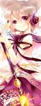  1girl azuma_aya bow bracelet brown_hair dress earmuffs floral_background jewelry looking_at_viewer lowres short_hair sleeveless smile solo sword touhou toyosatomimi_no_miko violet_eyes weapon 