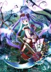  bandeau boots crown detached_sleeves flat_chest forest gem highres long_hair midriff nature navel original outdoors purple_hair red_eyes ribbon scythe showgirl_skirt single_thighhigh striped striped_legwear suspenders thigh-highs thigh_strap tree twintails very_long_hair weapon 