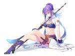  1girl blue_hair boots gloves hair_bun judith long_hair maro_(nikeneko523) pointy_ears polearm red_eyes sitting skirt smile solo spear tales_of_(series) tales_of_vesperia twintails weapon white_background 