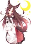  1girl animal_ears bare_shoulders blush brown_hair crescent daidai_ookami dress highres imaizumi_kagerou long_hair looking_at_viewer orange_eyes simple_background slit_pupils smile solo tail touhou white_background wolf_ears wolf_tail 