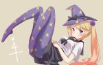  1girl :p blonde_hair blush bow hat hat_bow kantai_collection knees_up kyuu_pito long_hair looking_at_viewer lying majokko_(kantai_collection) on_back pantyhose purple_legwear side_ponytail solo star_print tongue tongue_out violet_eyes witch_hat 