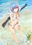  1girl animal_ears bikini blue_hair bracelet breasts crescent_moon feet_in_water gun jewelry looking_at_viewer moon nail_polish panzer rabbit_ears red_eyes reisen rifle sandals short_hair soaking_feet solo standing swimsuit touhou water water_gun weapon white_background 