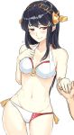  1boy 1girl bikini black_hair blush contrapposto cowboy_shot embarrassed flying_sweatdrops hair_ornament hairclip hand_on_own_chest haruna_(kantai_collection) headgear holding_hands jewelry kantai_collection long_hair mound_of_venus navel out_of_frame red_eyes ring simple_background smile swimsuit wedding_band white_background 