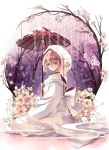  1girl animal blush flower hood japanese_clothes jiji_(381134808) parasol pink_eyes pink_hair rabbit saigyouji_yuyuko short_hair smile solo touhou umbrella 