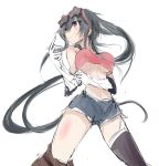  1girl black_hair breasts denim denim_shorts from_below glove_pull gloves kantai_collection large_breasts long_hair looking_afar nao_(qqqbb) payot ponytail red_eyes shorts simple_background single_thighhigh sketch solo sunglasses thighhighs underboob very_long_hair violet_eyes white_background white_gloves yahagi_(kantai_collection) 
