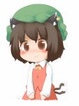  1girl animal_ears blush brown_eyes brown_hair cat_ears cat_tail chen inunoko. multiple_tails sweatdrop tail touhou trembling zun_hat 