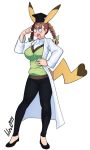  1girl @_@ bow braid breasts flats glasses graduation hair_bow hand_on_hip hat labcoat large_breasts lilirulu pants personification pikachu pikachu_ears pikachu_tail pokemon round_glasses solo tail transparent_background twin_braids v-neck 