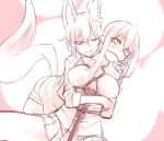  2girls animal_ears arms_behind_back bdsm bondage breasts fox_ears fox_tail gag gagged hug hug_from_behind looking_at_viewer monochrome multiple_girls nanashi_(shirogane_usagi) one_eye_closed original pointy_ears shibari_over_clothes shirogane_usagi slit_pupils tail tears yuri 