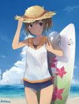  1girl blush brown_hair hat holding holding_hat i-401_(kantai_collection) kantai_collection roll_okashi short_hair smile solo straw_hat surfboard violet_eyes 
