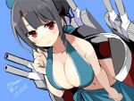  1girl black_hair blue_background breasts cleavage dated from_above hat kantai_collection large_breasts looking_at_viewer navel red_eyes short_hair simple_background solo tagme takao_(kantai_collection) turret twitter_username wara_(warapro) 