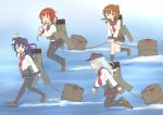  4girls :d akatsuki_(kantai_collection) anchor_symbol aqua_eyes aqua_hair brown_eyes drum_(container) folded_ponytail hair_ornament hairclip hat hibiki_(kantai_collection) holding ikazuchi_(kantai_collection) inazuma_(kantai_collection) kantai_collection kneehighs long_hair long_sleeves multiple_girls neckerchief open_mouth partially_submerged pleated_skirt purple_hair rope sailor_collar school_uniform serafuku shimazaki_kazumi short_hair skirt smile violet_eyes 